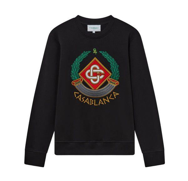 Black sweatshirt with a colorful emblem and 'Casablanca' text on a white background